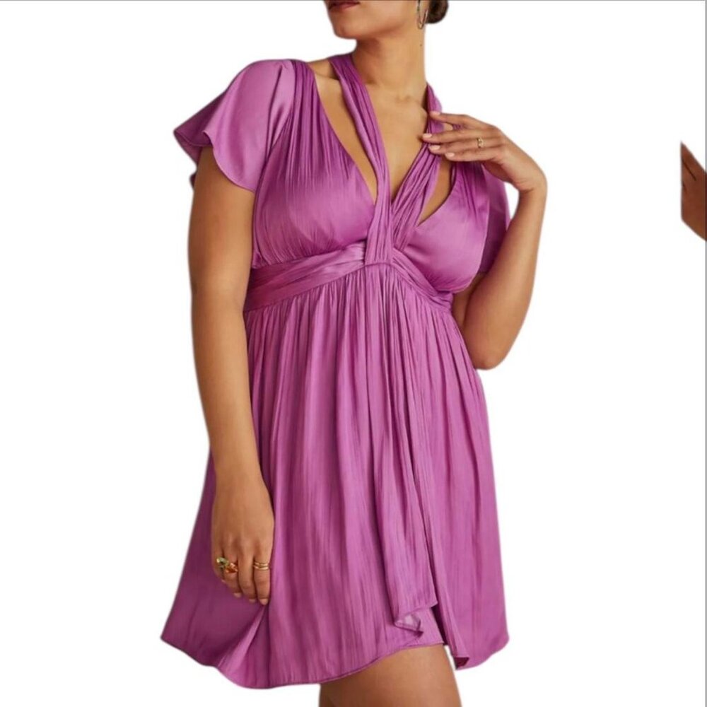 Anthropologie Mini Dress Size 12 Purple Excellent Pleated V-Neck Flutter Sleeves